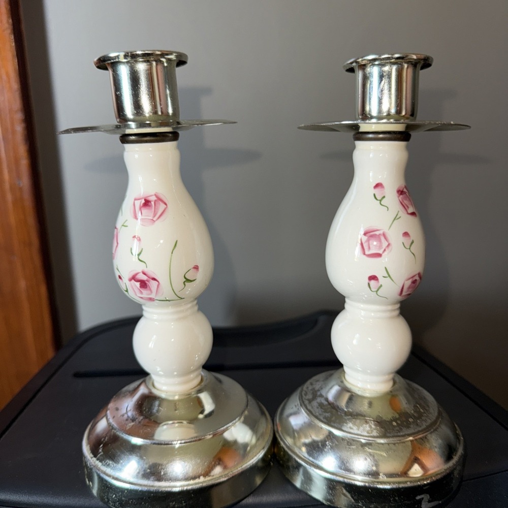 Homco Home Interiors Two Candlesticks Candle Holders Pink Floral 7.5" Tall Metal